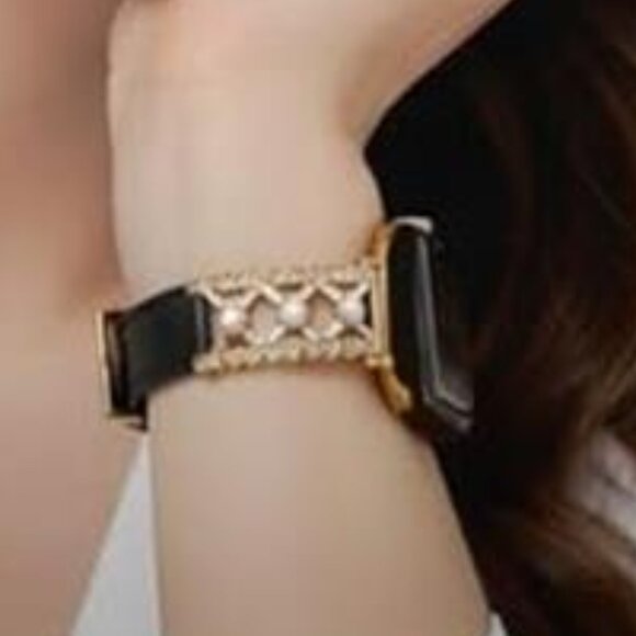 NEW Black/Gold Leather Pearl Apple Watch Band main image 4